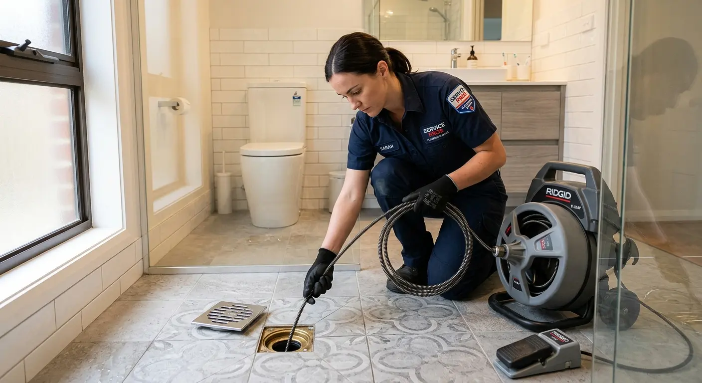 Technician clearing a bathroom floor drain for Hydro Jetting in Country Walk